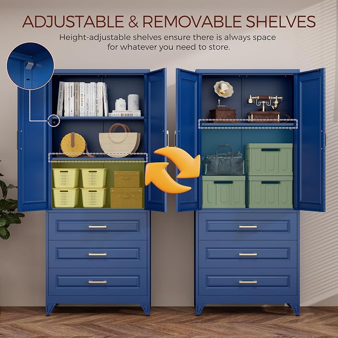 75" Tall Kitchen Pantry Cabinet, Storage Cabinet with 3 Drawers | Metal Kitchen Cabinet with Doors & 2 Adjustable Shelves, Tall Food Pantry, Cupboard for Kitchen, Dining Room, Garage, Office