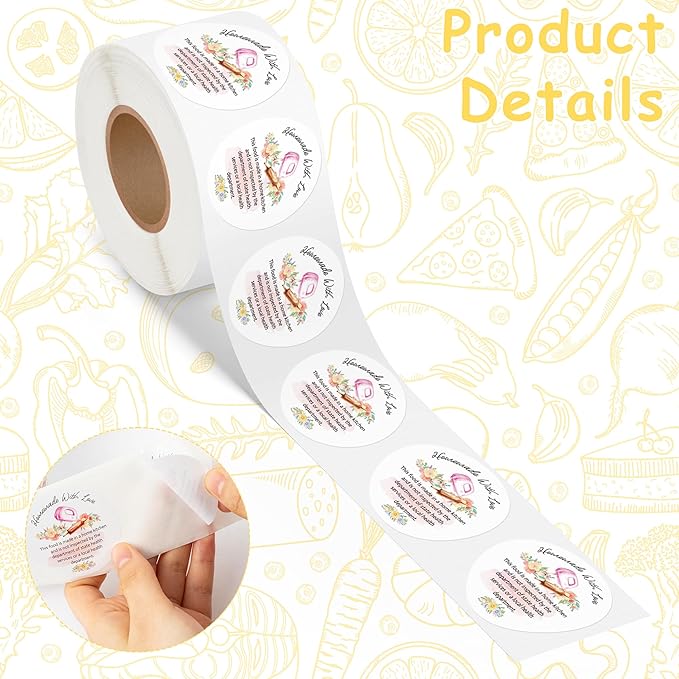 PANTIDE Watercolor Flower Cottage Food Law Labels Sticker - 500Count Homemade with Love Adhesive Round Decal Roll, Made in A Home Kitchen Inspection Statement Thermal Printed for Packaging(2 x 2 Inch)