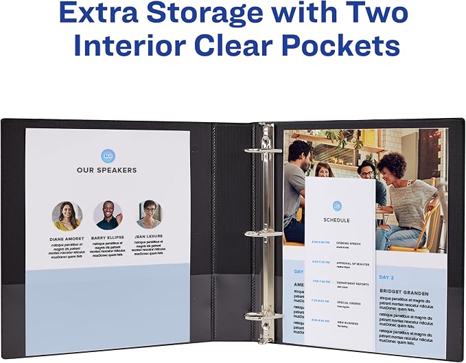 Avery Showcase 3 Ring Binder, 1.5" Slant Rings, 1 Black Binder | For School, Home and Everyday Organization, Clear View Covers, Interior Storage Pockets, Lay-Flat Back-Mounted Rings