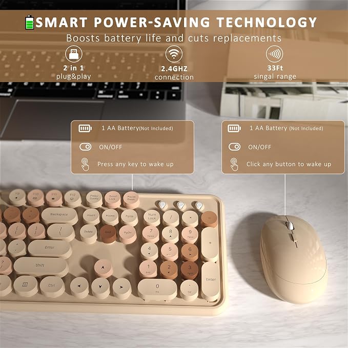 Links9+ Colorful Wireless Keyboard and Mouse Combo (Milky Tea Colorful) | Full-Size Retro Typewriter Style Keyboard with Vintage Round Keycaps, 2.4G Wireless Set for Windows, Mac, Laptop, PC, Desktop