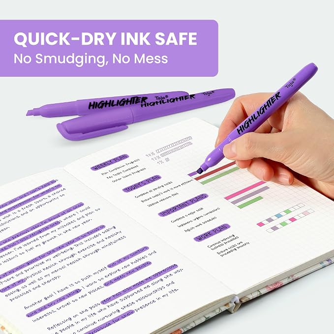 Taja 30 Pack Highlighters, Purple, Chisel Tip with No Bleed Ink | Highlighters with Smooth Broad & Precise Lines, Ideal for Journaling & Note Taking, Study Essentials and Office Supplies