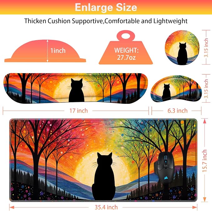 Canjoy Desk Mat with Wrist Rest, Anime Black Cats Keyboard and Mouse Pad | 4-in-1 Large Mouse Pad(35.4×15.7in) + Keyboard Wrist Rest + Coaster, Kawaii Cute Keyboard Mat Extended Desk Pad Memory Foam