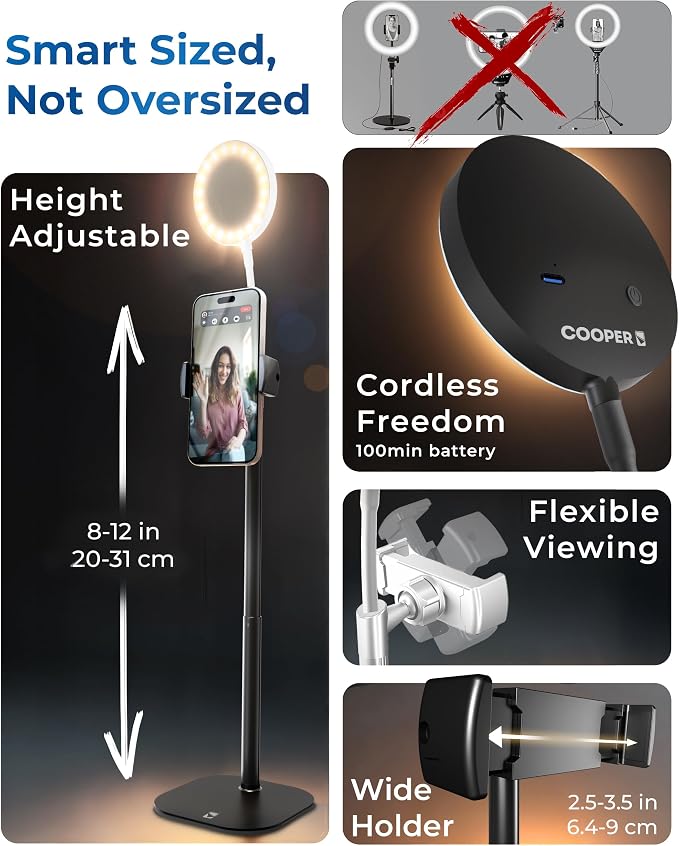 COOPER ChatStand Halo Sturdy Phone Stand for Recording with Light for Desk | 9-13" Adjustable, Weighted Base, iPhone Stand & Phone Holder, Ring Light Tripod for Video Recording, Filming, Fits all Phones