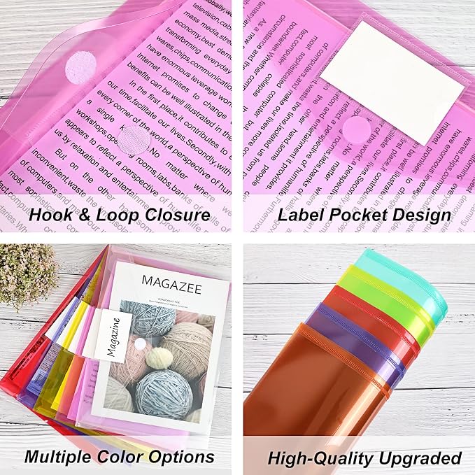 EOOUT 45 Pack Plastic Envelopes Poly Envelopes, Clear Document File Folders with Hook & Loop Closure, A4 Size with Label Pocket for School Home Work Office Organization, 8 Colors