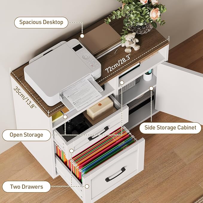 Lateral File Cabinet 2 Drawers, Filing Cabinets for Home Office | Rolling Office Storage Cabinet with Drawers, Fits A4/Letter-Sized Files, Printer Stand with Storage, Modern, White and Walnut