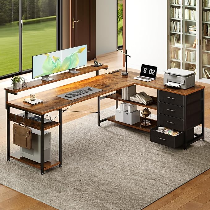 AODK 69 Inch L Shaped Computer Desk with 4 Drawers, LED Lights, Vintage | Power Outlets, Adjustable Monitor Stand, Open Storage Shelves, Reversible Layout for Gaming and Home Office