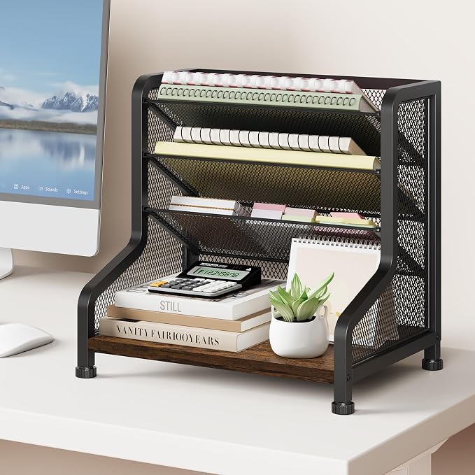 SWTYMIKI Paper Organizer, Mesh and Wood Desk Office Organizer, Office Organization and Binder Storage for Workspace, Home, School, Espresso
