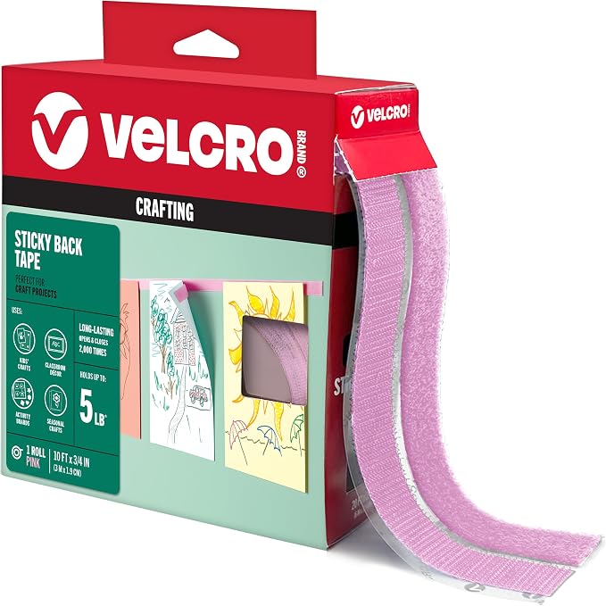 VELCRO Brand Colors | Pink Sticky Back Tape | 10ft Roll with Adhesive, Cut Strips to Length | Mount Classroom Décor, Create Seasonal Craft Projects | Organize Home or Office
