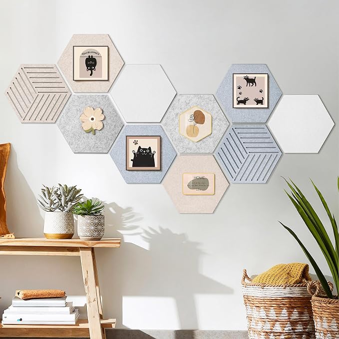 Felt Bulletin Cork Board for Office, 12 x 10 inch, 10 Pack | Hexagon Bulletin Board Tiles, 1300g/m² Dense Felt, Fully Self Adhesive, Peel and Stick, Frameless, Modern, Office Home Decor