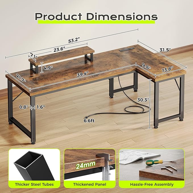 53" L Shaped Computer Desk, Outlets, Monitor Stand, Rustic Brown | USB-C Ports, Reversible Charging Station, Spacious Desktop & Legroom, 0.94 Inch Thick Desktop, for Gaming, Study & Work