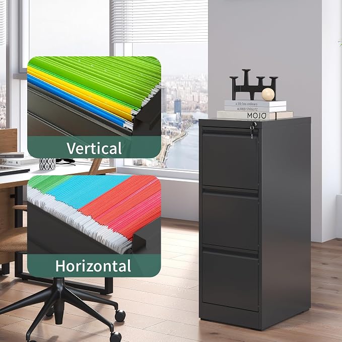 3 Drawer File Cabinet with Lock,Metal File Cabinet for Home Office | Black Vertical Filing Cabinets Heavy Duty Office Storage Cabinets for Letter/Legal/A4/F4 Size File, Assembly Required