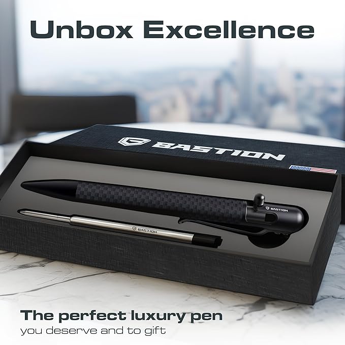 BASTION® Luxury Carbon Fiber Bolt Action Pen Durable Professional Ballpoint Pen for Travel, School and Work Birthday Gift Idea - Black Stainless Steel