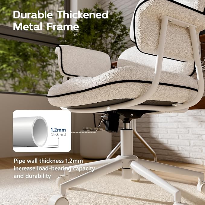 White Office Chair, Memory Foam Seat Mid Century Modern Desk Chair | 3.9" Sloped U-Shaped Memory Foam Cushion, Granular Linen Fabric, Lumbar Support, 1.2mm Sturdy Metal Tube, 400LBS Capacity