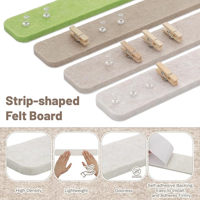 8 Pack Felt Bulletin Board Strips, 13x2 Inch Pin Board, Cork Boards | Self Adhesive, Includes 50 Pushpins and 10 Wooden Clips Push Pins, for Walls Home School Office Decor (Natural Earth Tones)