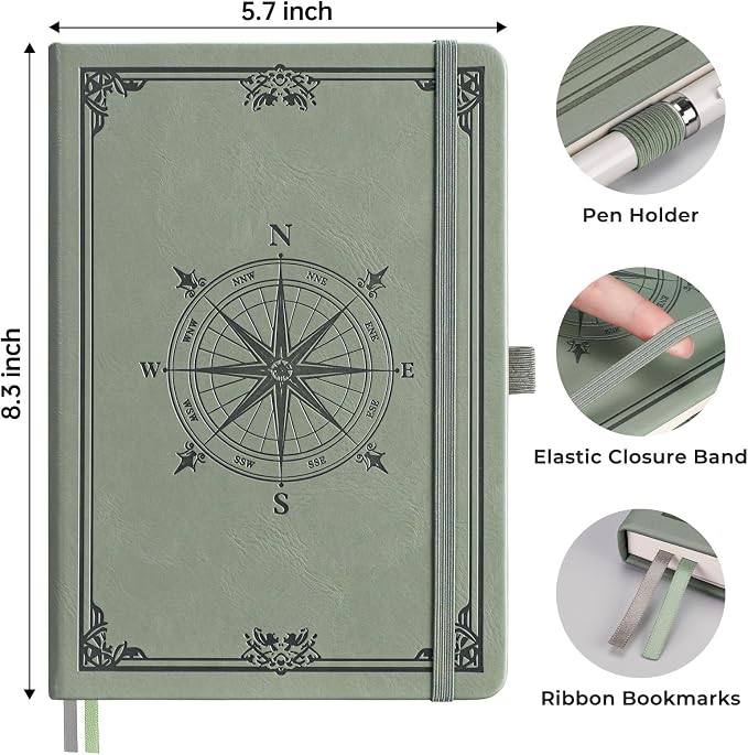 AHGXG Graph Grid Paper Notebook, 192 Pages, A5 Medium Size (5.7'' x 8.3'') | 5 Squares per Inch, Leather Hardcover, 100 GSM Thick Paper, for School, Students, Math, Engineering (Light Green)