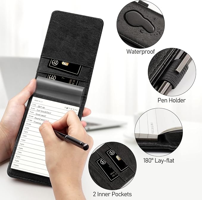 WEMATE Pocket Notebook with Pen, 10 Piece Pocket Notebook Set Brown | Includes Mini Notepad Holder, 8 Memo Book Refills & Metal Pen for Meetings, Daily Records and Notes, 3×5 Inch