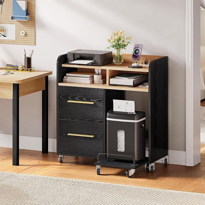 YITAHOME File Cabinet with Charging Station | Printer Table Cabinet for Home Office,Printer Stand Cart,Fits A4,Letter,Legal Size Files,Office Furniture,Black