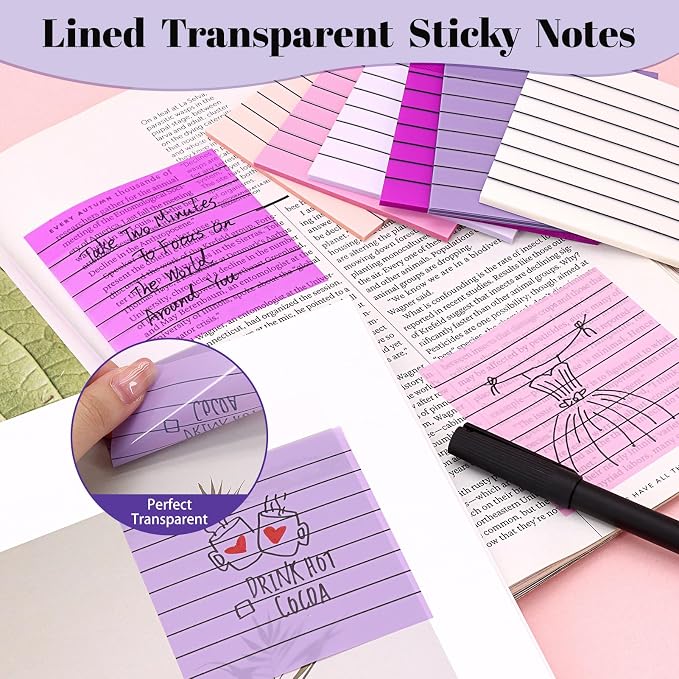 Transparent Sticky Notes Lined 300 Sheets 3"X3" Purple PET Material | Clear Translucent Self-Adhesive Sticky Notes for Back to School & Office Supplies, See Through Reveals Underlying Bible Text