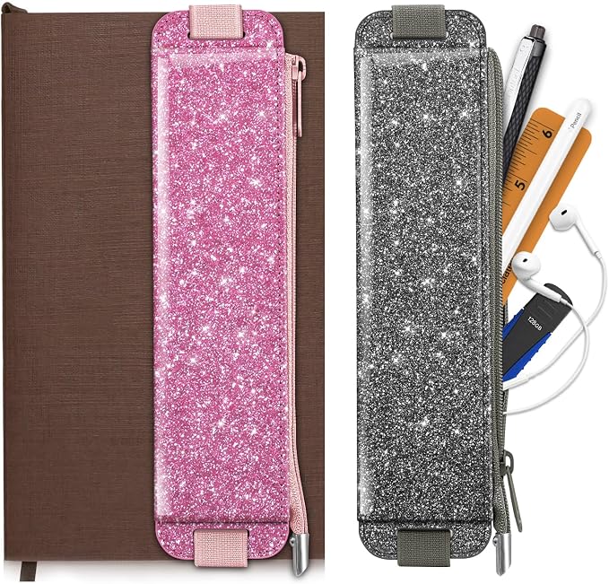 FINPAC 2-Pack Elastic Pen Holder for Notebook Leather Pen Holder | Stationery Zipper Bag for Pencils, Pen Pouch with Elastic Band for Bible Journaling, Planners, Tablets, Glitter Pink & Gray