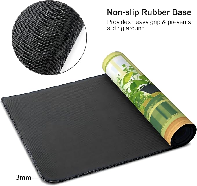 Cute Anime Black Cat Gaming Mouse Pad, Green Yellow Urban Jungle Desk Mat with Anti-Slip Base & Stitched Edges, Office & Home Desk Decor for Women, 35.4" x 15.7" in Computer Desktop Mat