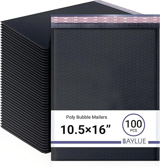 Black 10.5x16 Inch Large Poly Bubble Mailers #5 | Padded Envelopes with Self Seal | Air Lined Cushioned Bubble Mailer | Usable Size 10.5x15 | 100 Pack Bulk | Lightweight shipping Bags