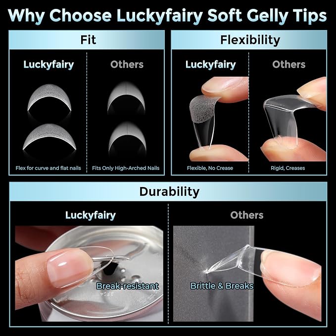 Luckyfairy Medium Almond Nail Tips, 360pcs Soft Gel Pre-Shaped Acrylic Fake Nails, Half Matte Full Cover Clear Gelly Press on Flase Nail Tips for Extension Nail Manicure Home DIY 12 Sizes Gelly Tips
