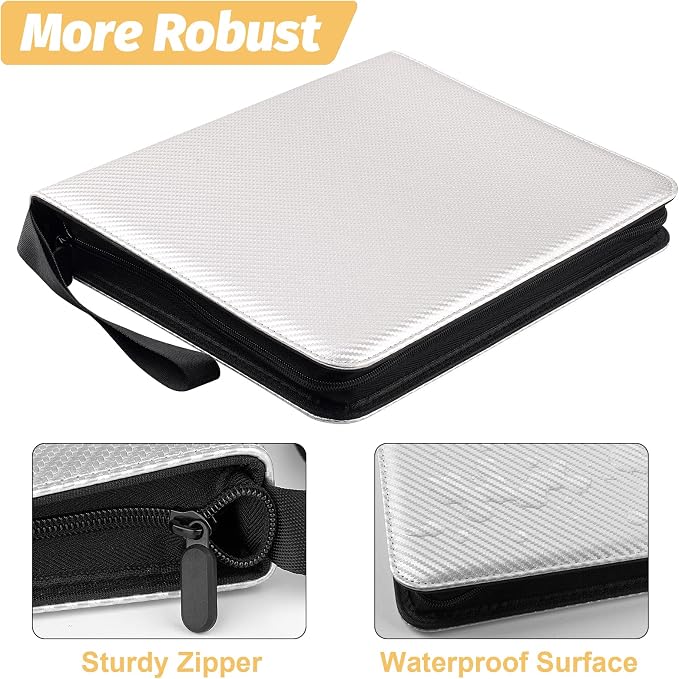 GERMUN 3 Ring 9 Pocket Zipper Card Binder, 720 Double Sided Standard PU Trading Card Album Folder for TCG & Sports Cards, Not Fit Top Loaders (Silver)