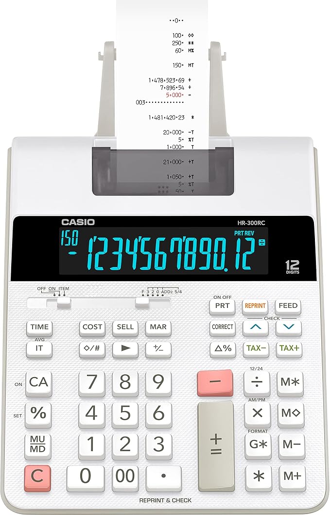 Casio HR-300RC Printing Calculator, Backlit LCD Display | Cost/sell/margin, tax & time functions, re-print, 150-step check; personal/business use