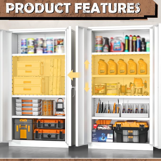 Metal Lockable Storage Cabinet, 72” H Storage Cabinets with 2 Doors and 4 Adjustable Shelves for Office, Home, Garage, Pantry (Assembly Required, White)