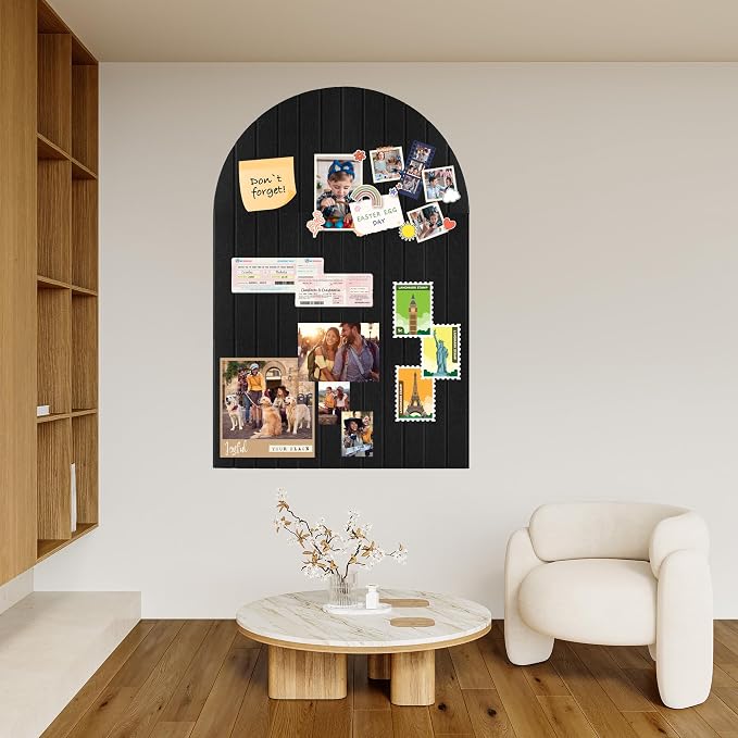Large Arched Felt Bulletin Board-35 × 24" Stylish Black Cork Board | 6 Pieces Adhesive Panels with 60 Pins for Displaying Photos,Notes Alternative for Office and Home Wall Decor