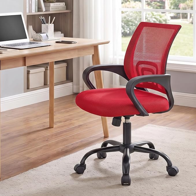 DUMOS Ergonomic Office Chair, Mid-Back Executive Desk Chair 2 Pack | Comfortable Lumbar Support, Breathable Backrest, Fixed Armrest, Height Adjustable, 360° Swivel, Computer Gaming, Red