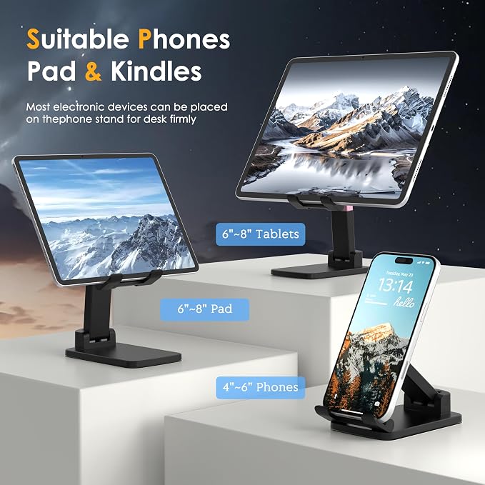 Cell Phone Stand for Desk, Adjustable Height & Angle Phone Holder, Foldable Portable Stand with Anti-Slip Silicone Pad, Compatible with iPhone and All Smartphones 4–8 Inch, Black