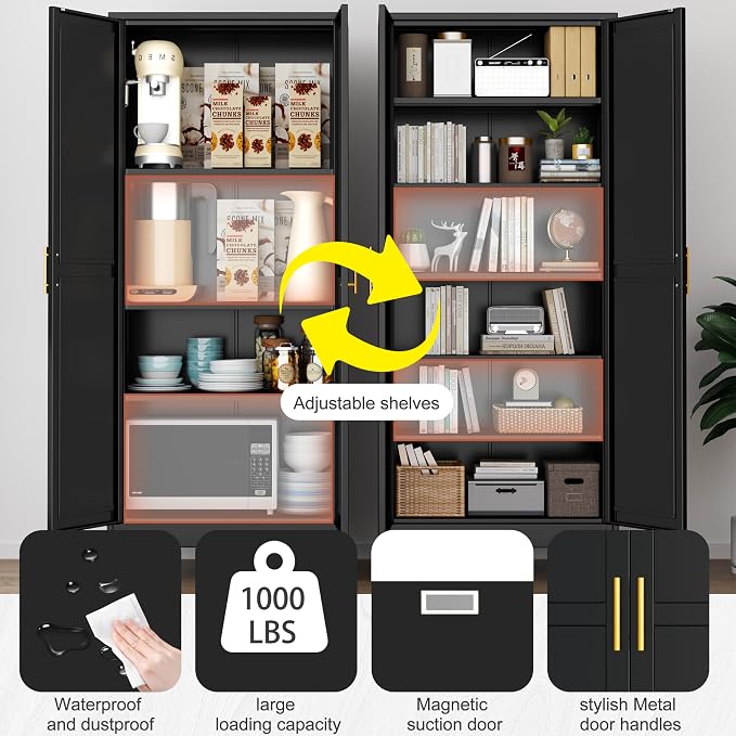 PAOFIN Kitchen Pantry Storage Cabinet with Doors and Adjustable Shelves, Metal ClosetMaid Food Pantry Cabinets, 75" Tall Freestanding Cupboard for Kitchen, Laundry or Utility Room, Black