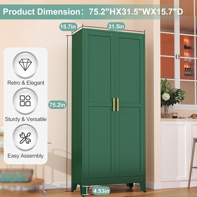 Metal Pantry Cabinet with 2 Doors and 5 Adjustable Shelves, 75"Kitchen Storage cabinets with Gold Handles, Versatile Storage for Laundry Room, Living Room, Bathroom, Dinning Room, Utility Room-Green