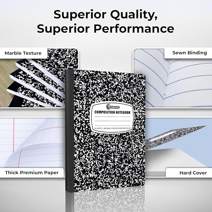 Composition Notebooks Bulk, 50 Pack, Wide Ruled, Black Marble | Wide Ruled Composition Notebook, 200 Pages (100 Sheets), 9-3/4 x 7-1/2, Hard Cover, Bulk School Supplies, Bulk Notebooks