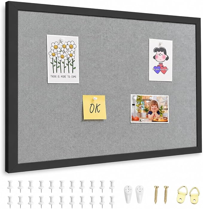 20"x30" Black Framed Grey Linen Bulletin Board, Pin Board | Linen corkboard texture. Premium cork boards for walls and pin board office organizer.