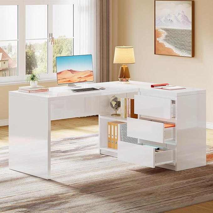 Tribesigns White L-Shaped Computer Desk with 3 Drawers, 55-Inch Modern Gloss Corner Home Office Executive Desk with LED Lights and 2 Storage Shelves for Work Study Writing
