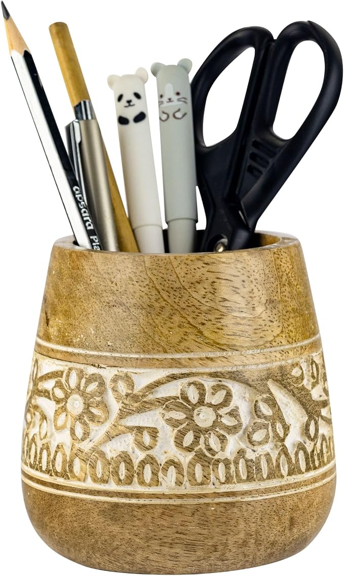 Mie Creations Farmhouse Pencil Holder for Desk, Wooden, White Floral 4'' | Wooden Pen Stand, Office Desk Organizer, Desktop Accessories, Stationery, Art Supplies, Paintbrush Stand, Make Up Brush Cup