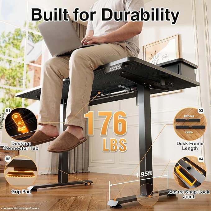 Veken 55x26 in Electric Standing Desk with Drawers, Adjustable Table, Black | Stand up Computer Desk for Home Office, Work & Study, with Storage, 3 Memory Presets, Cable Organizer, Hook, and Quiet Lift.