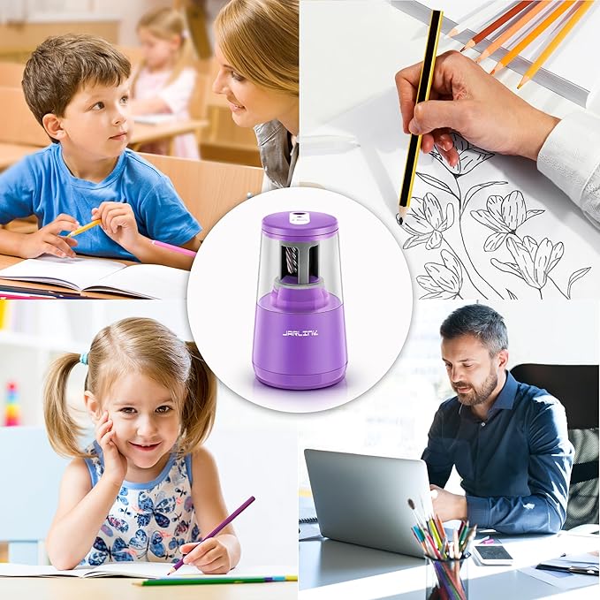 JARLINK Electric Pencil Sharpener, Heavy-Duty Helical Blade to Fast Sharpen, Auto Stop for No.2/Colored Pencils(6-8mm), USB/Battery Operated in School Classroom/Office/Home (Purple)