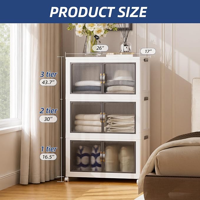 SAILUN 348Qt Stackable Storage Bins,Storage Cabinet with a Lid,3 Pack White | Stackable Storage Drawers with Lids,26" W x 17" D x 43.7" H,Featuring open-front Access for Clothes and Closet Storage