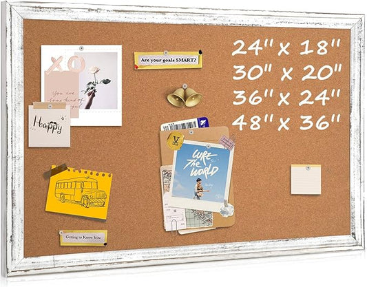 Cork Board Bulletin Board, 30" x 20" Rustic White Wooden Frame Corkboard for Wall, Hanging Vision Board, Pin Board for Home Room Dorm Office Decor