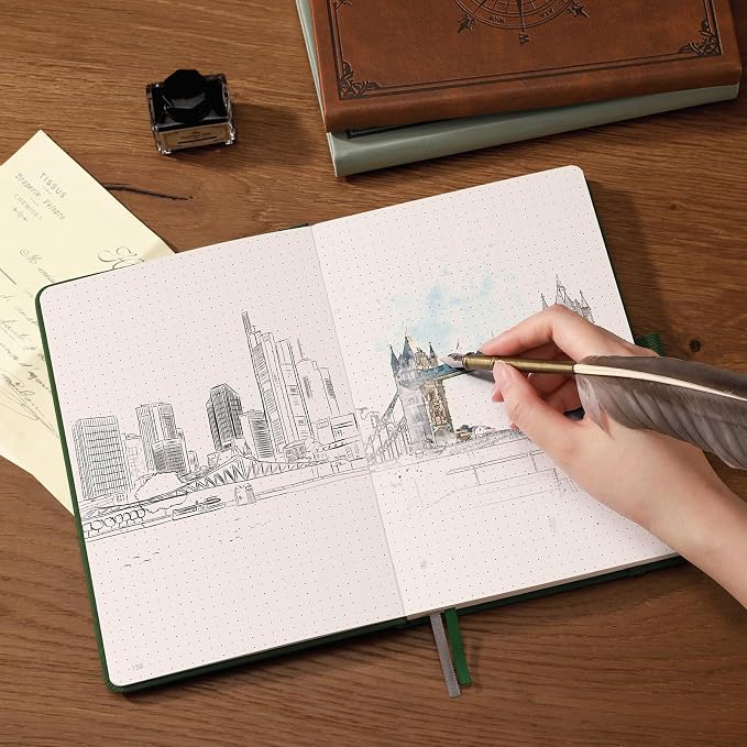 AHGXG Dotted Journal Notebook, 192 Pages, A5 Medium Size (5.7'' x 8.3'') | Leather Hardcover, 100 GSM Thick Paper, for Journaling, Planning, Tracking (Brown)