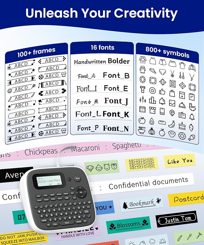 Label Maker Machine with Tape, Label Maker Waterproof Labels 12mm, D210s Laminated Labeler Machine, Multi Icons Borders & One-Touch Keys, Labelmaker for Home Use/School Office Supplies