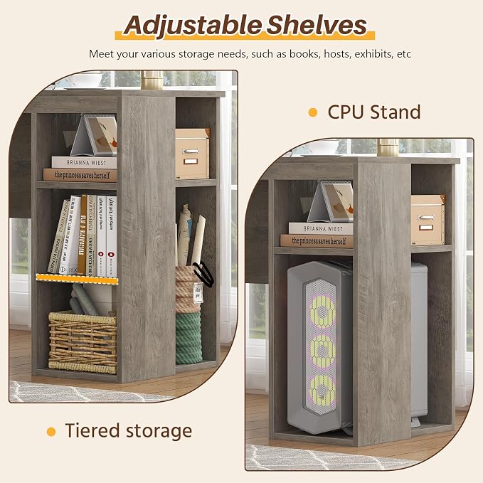 63" Farmhouse L Shaped Desk with Drawers & Storage Shelves for Home Office | Corner Desk with Power Outlets & LED Lights, L-Shaped Office Desks with File Drawer, Printer Shelf, Monitor Stand, Grey
