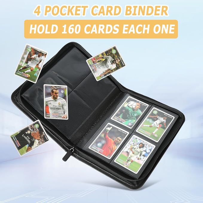 4 Pocket Ringless Side Loading Trading Card Binder, 160 Cards PU Fixed Page Zipper Card Album for TCG Sports Game Cards, Not Fit Top Loaders (Grass Green)