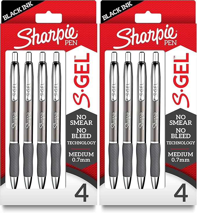 Sharpie S-Gel Gel Pens Sleek Metal Barrel Gunmetal Medium Point (0.7mm) Black Ink,4 Count (Pack of 2)