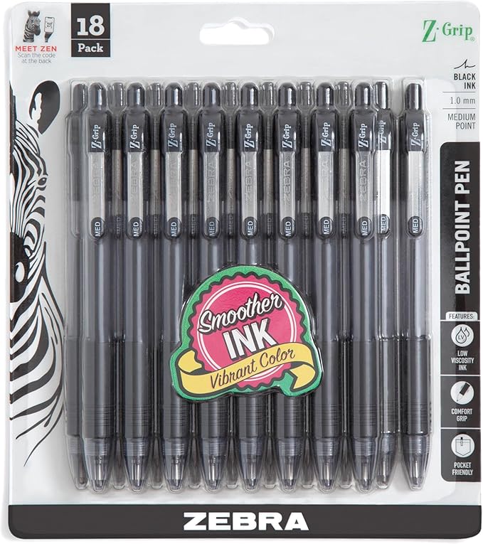 Zebra Pen Z-Grip Retractable Ballpoint Pen, Black Ink, 1.0mm, 18-Pack | Smooth Writing, Medium Point Tip, Ideal for Planners, Note-Taking, School and Office Supplies, and Everyday Writing (22218)