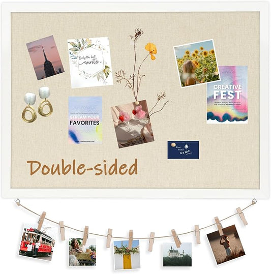 DOLLAR BOSS Double-Sided Bulletin Boards with Linen, 30"x20" Cork Board | Corkboards for Walls, Framed Pin Board, Picture Display Vision Board, For Office Home School, 20 Pushpins 10 Clips