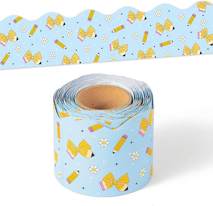 BeYumi Pencil Bow Border Trim - 65ft Back to School Blue Pencil Bow Scalloped Rolled Border Trim Pencils Bowknot Coquette Bulletin Board Set School Classroom Office Chalkboard Party Holiday Wall Decor